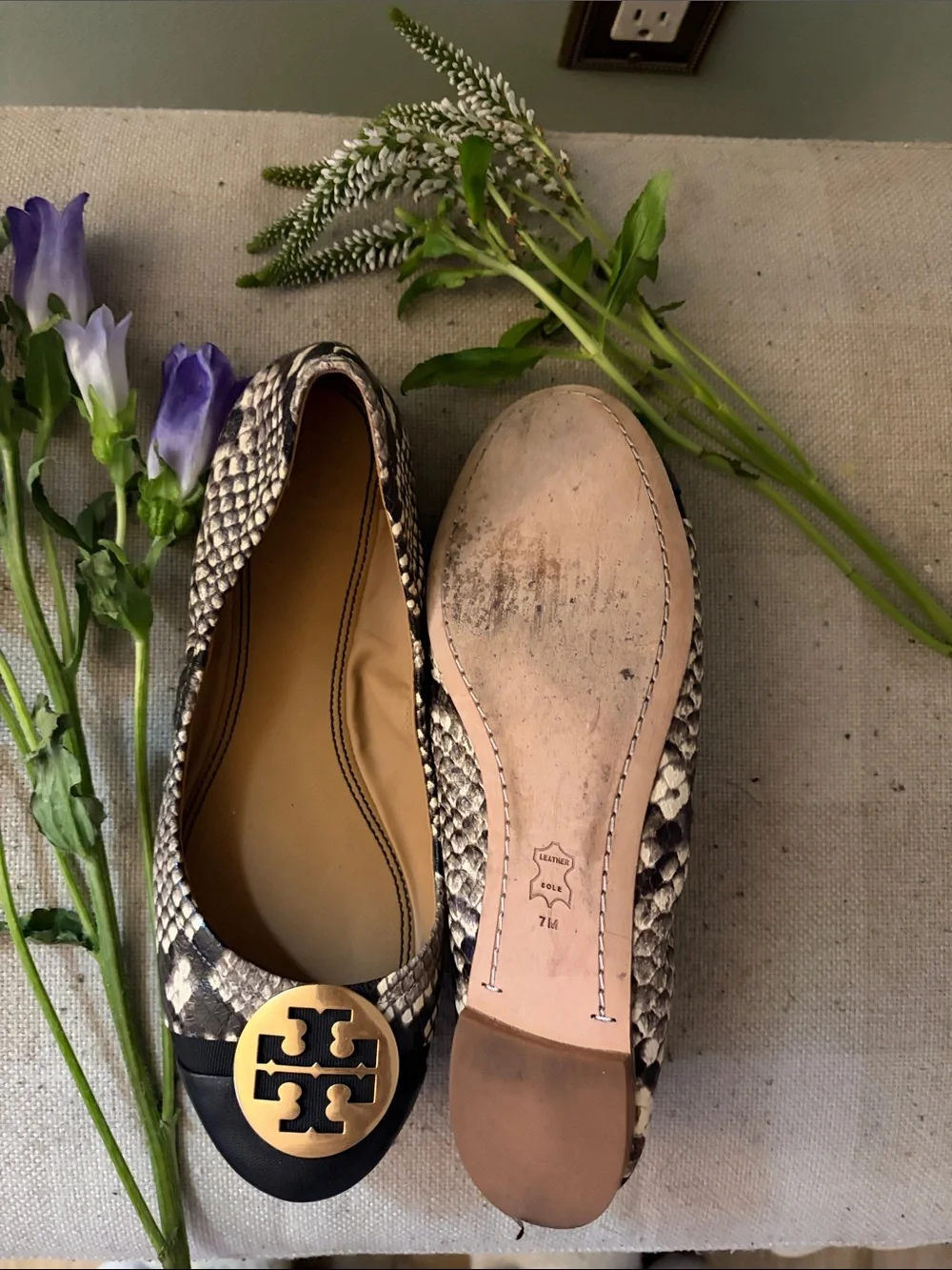 Tory Burch Snake-Print Leather Ballet Flats with Gold Logo